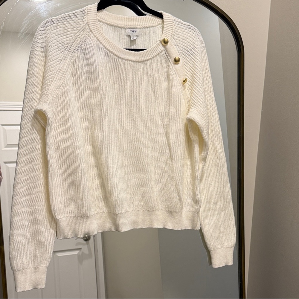 J. Crew Ivory Crewneck Sweater with Gold Shoulder Buttons M